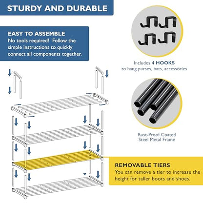 Sundaze Shoe Rack - 4 Tier Metal Shoe Rack for Front Door Entrance, Sturdy Long Shoe Organizer for Closet, Bedroom, Entryway, Garage, Black Metal Shoe Shelf, Holds Up to 20 Pairs
