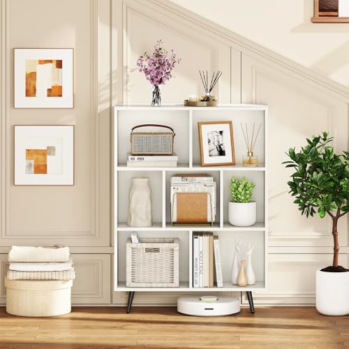 Giantex 7-Cube Bookcase, 3-Tier Modern Bookshelf with 4 Metal Legs, 31.5" Freestanding Open Storage Organizer with 2 Anti-tip Devices, Mid-Century Display Rack for Living Room (31.5" x 9.5" x 42") - size: 31.5" x 9.5" x 42"