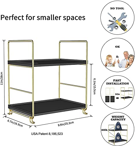 2-Tier Kitchen Spice Rack - Freestanding Stackable Organizer Shelf - Bathroom & Cosmetic Organizer - Square Standing Rack (Golden&Black) - color: Golden