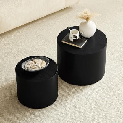 Round Coffee Table Set of 2, Nesting Coffee Table and End Table Set Wood Small Circle Drum Side Table for Living Room Office, No Assembly - color: Black