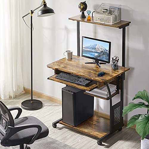 Topeakmart 2-Tier Rolling Desk with Printer Shelf & Keyboard Tray, Rustic Brown - color: Rustic Brown