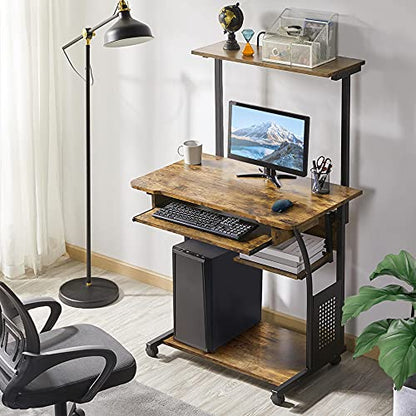 Topeakmart 2-Tier Rolling Desk with Printer Shelf & Keyboard Tray, Rustic Brown - color: Rustic Brown