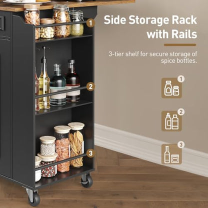 RALGEND Kitchen Island with Power Outlets & Drop Leaf, Rolling Kitchen Cart on Wheels, Kitchen Storage Island with Spice Rack and Drawer for Kitchen, Dinning Room, Black and Rustic Brown - color: Black + Rustic Brown