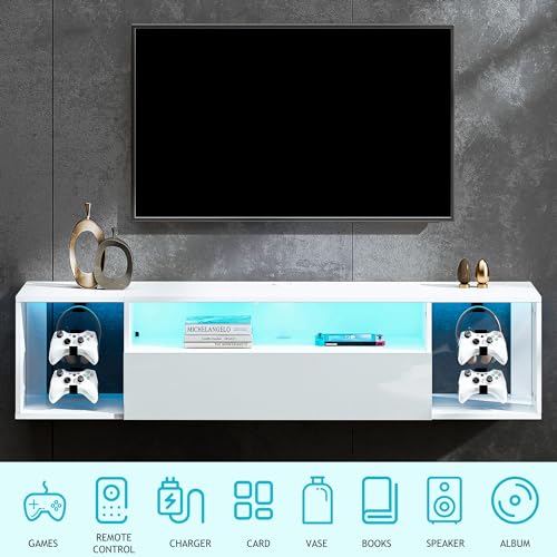 sogesfurniture 55' White TV Stand, Floating Entertainment Center with Lights, Modern Media Console with Storage, Wall Mounted LED TV Stand for Living Room - size: 55''-White