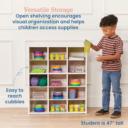 ECR4Kids Streamline 15 Cubby Tray Storage Cabinet, 5x3, Classroom Furniture, White Wash - color: White