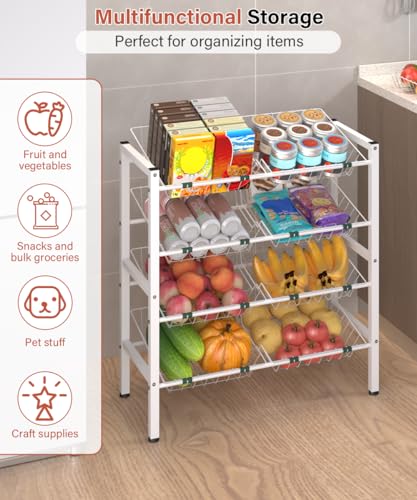 4-Tier Fruit and Vegetable Storage Rack with 8 Removable Baskets, Small Kitchen Island, Pantry Floor Organizer Stand Shelves for Snack Onion Potato Storage, White - style: 8 Baskets-White