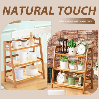 Yalikop 3 Tier Matcha Station Shelf Bamboo Coffee Mug Stand Countertop Storage Rack,Three Layer Rattan Office Cup, Kitchen, Tea, Plant, Bar Accessories Condiment Display(Brown)