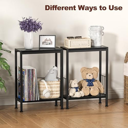 Narrow Side Table, Skinny End Tables with Magazine Holder, Small Sofa Table for Small Spaces, Space-Saving Design, Slim Nightstand Bedside Table for Living Room, Bedroom, Office, Black - color: Black
