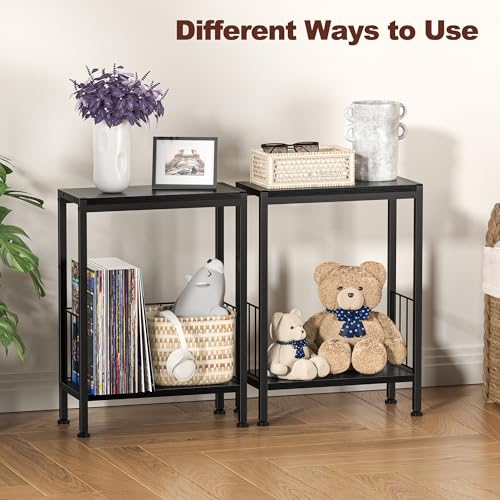 Narrow Side Table, Skinny End Tables with Magazine Holder, Small Sofa Table for Small Spaces, Space-Saving Design, Slim Nightstand Bedside Table for Living Room, Bedroom, Office, Black - color: Black