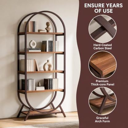 Bookshelf Arched Bookcase, 5 Tier Open Freestanding Display Shelf for Home Office, Living Room, Walnut - color: Walnut, size: 5 Tier Arched