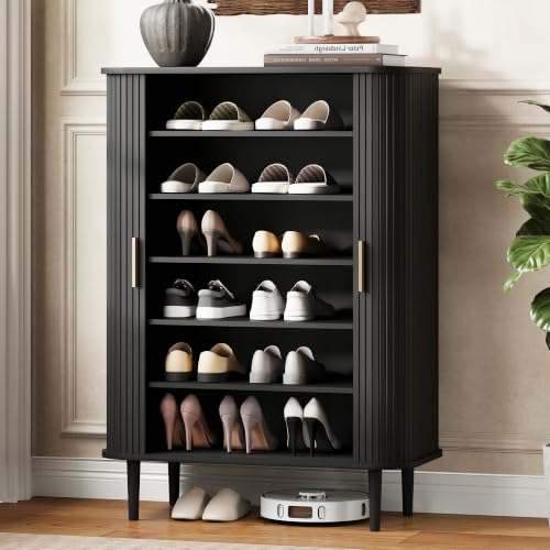 DHH Shoe Storage Cabinet with Sliding Door, 6-Tier Shoe Cabinet with Adjustable Shelves, Mid-Century Modern Freestanding Shoe Storage Organizer for Entryway, Hallway, Living Room (Black, 31.5 ") - color: Black, size: 31.5 "