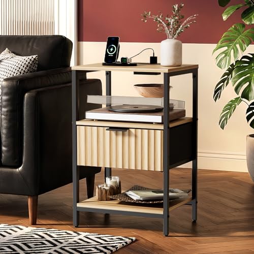 VINGLI Nightstands Set of 2 with Fabric Drawer, Fluted Nightstand with Charging Station, Oak Night Stand Set 2 Bed Side Tables, End Tales Bedroom with Charger Station, 14.96"W*11.81"D*23.7"H, 2 pcs - color: Oak, size: 15"W-1 Drawer 2 Shelf