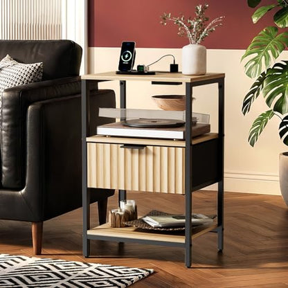 VINGLI Nightstands Set of 2 with Fabric Drawer, Fluted Nightstand with Charging Station, Oak Night Stand Set 2 Bed Side Tables, End Tales Bedroom with Charger Station, 14.96"W*11.81"D*23.7"H, 2 pcs - color: Oak, size: 15"W-1 Drawer 2 Shelf