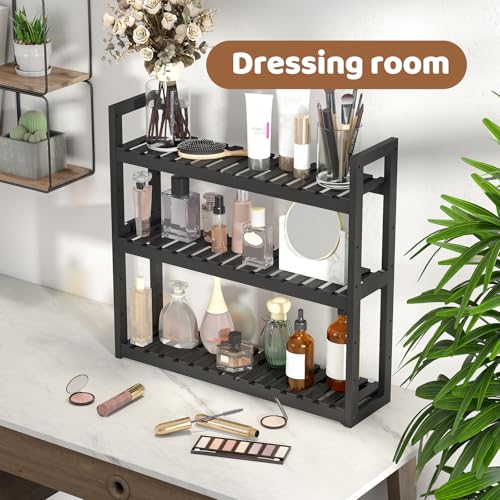 Bathroom Shelf Bamboo Organizer Rack Adjustable 3-Tier Storage Shelf Wall Mounted Storage Rack Over The Toilet Utility Shelves Living Room Kitchen Shelf(Black) - color: Black