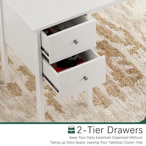 BHG Computer Desk with Drawers,Modern White Home Office Desk with Storage Filing Cabinet, Vanity Desk Makeup Dressing Table for Bedroom,Small Writing Table PC Desks for Study(White, 43.3") - color: White