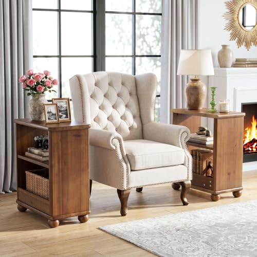 Solid Wood Side Table, 3-Tier Narrow End Table, Nightstands with Shelf Storage for Living Room, Bedroom, Office and Small Spaces, Easy Assembly, Rustic Brown