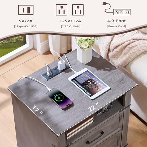 22" Farmhouse Nightstand Set of 2 with Charging Station,End Table with 2 Drawers,Rustic Wood Dresser for Bedroom,Bed Side Table Chest of Drawers Cabinet,Night Stand for Living Room,Grey - color: Grey