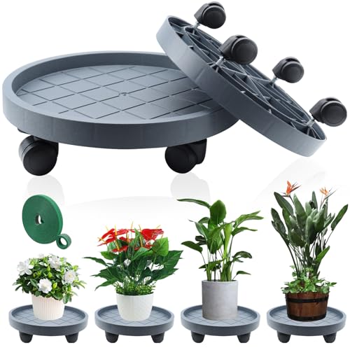 K KASONIC 12 Inch Plant Caddy with Wheels, 220LBS Capacity Rolling Plant Stand Dolly, 2 Pack Round Planter Saucer Mover Base Tray for Indoor Outdoor Potted Plants, Includes 5M Tearable Plant Ties
