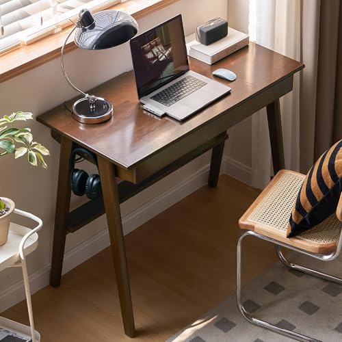 100% Solid Rubber Wood Desk Home Office Desk Mid Century Modern Writing Computer Desk with Drawer for Home Office 31.49" W Walnut Color - color: Walnut-rubberwood, size: 31.49"W
