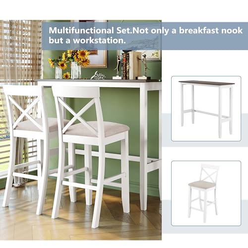 Farmhouse Rustic 3-Piece Counter Height Wood Kitchen Dining Sets, Home Bar Pub Kitchen Set, 48'' Long Bar Table with 2 Upholstery Chairs for Small Places - color: Beige-3-piece