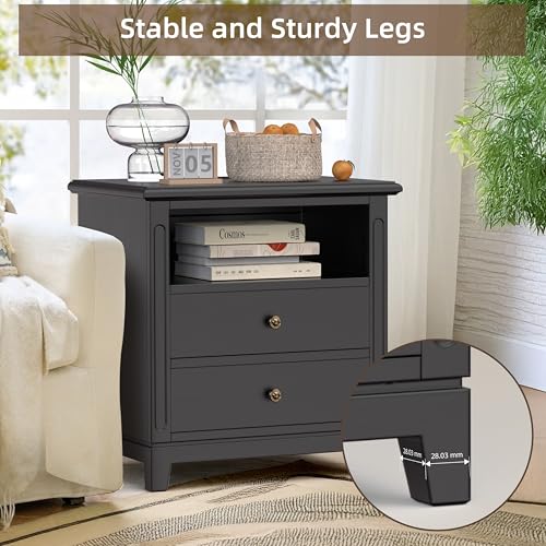 24" Wide Farmhouse Nightstand with Charging Station, Solid Wood End Table with 2 Large Drawers & Open Shelf, Bedside Table with USB Ports and Outlets, Side End Table for Bedroom - color: Black