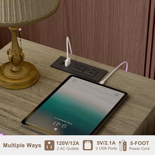 JOONEE Modern Nightstand with Charging Station and LED Lights, White Bedside Table with Drawer, Fluted Side Table for Living Room, Bedroom - color: Grey