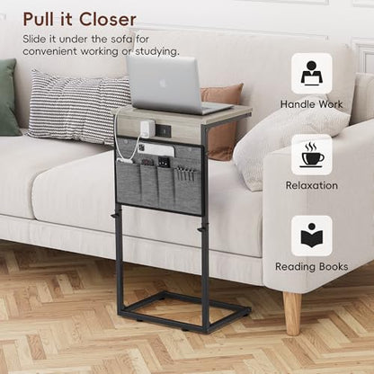 Vagusicc C-Shaped End Table Set of 2 with Charging Station, Small Side Table for Couch, Adjustable Height Couch Side Table, Slide Under Sofa Table TV Tray Tables for Living Room, Bedroom,Bedside, Gray - color: 2pc Greige