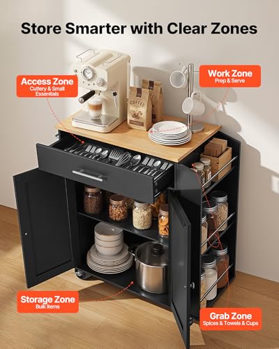 VEVOR Kitchen Island Cart with Storage, 31.3 in Wide Mobile Rolling Storage Island on Swivel Wheels, with Drawer, Storage Cabinet, Spice/Towel Rack, Table for Home Dining Room, Black - size: 31.3"W-Black