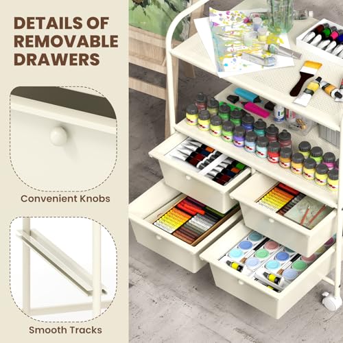 GOFLAME 4-Drawer Rolling Storage Cart with 2 Shelves, Mobile Utility Cart with Removable Drawers and Metal Frame, Art Craft Drawer Cart with Lockable Wheels for Home, Office, School, Studio, White - color: White