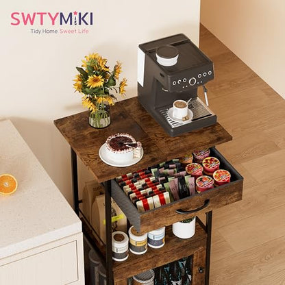 SWTYMIKI Buffets Coffee Bar Cabinet - Rolling Kitchen Rack, Farmhouse Small Coffee Stand with Storage Drawer and Door Cabinet - Kitchen Microwave Stand for Apartment, Living Room, Entryway, Espresso - size: 18.9x14.57in, style: Espresso
