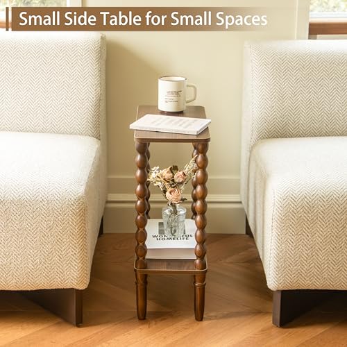 Fultyle Small Narrow Side Table, Skinny End Table Living Room with 2-Tier Storage, Narrow Accent Table Slim Nightstand for Small Spaces, Office, Bedroom (Walnut Brown) - color: Walnut Brown