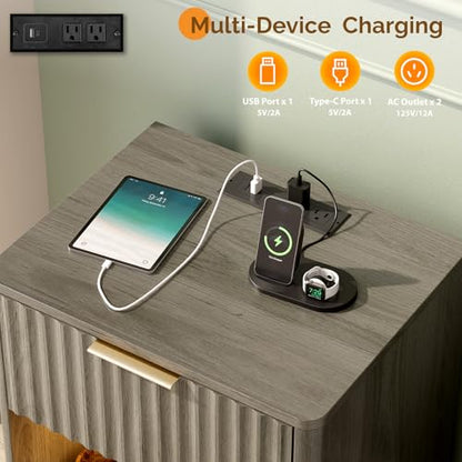 VINGLI Night Stand with Charging Station & Led Light, 19" W Fluted Nightstand Round Edge, Wood Nightstand Mid Century Modern End Table, Bed Side Table for Bedroom, Living Room, Gray Oak - color: Grey, size: 19"W-1 Drawer 1 Shelf