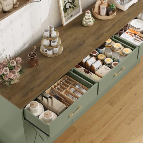 HOSTACK 71" W Kitchen Sideboard Buffet Cabinet with Storage, Green/Brown | Farmhouse Coffee Bar Cabinet with Wide Drawers, Large Buffet Table with Shelves, Long Kitchen Storage Cabinet for Dining Room - color: Green/Brown