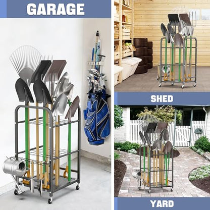 WALMANN Garden Tool Organizer with Wheels for Garage, Rakes/Shovels/Yard Tools Stand for Garden, Shed, Indoor/Outdoor Long-Handled Tools Rolling Cart(Small) - style: Small-stand