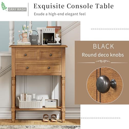 GDFStudio Narrow Console Table - Slim Sofa Tables with 3 Storage Drawers & Bottom Shelf,Solid Wood Frame,Distressed Finish - Accent Table for Living Room,Hallway,Small Spaces,Entryway,23.7" Natural - color: Natural