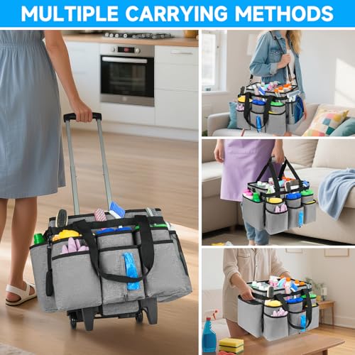 Large Rolling Cleaning Caddy Bag with Detachable Trolley,Cleaning Cart on Wheels with Shoulder Strap,Cleaning Supplies Organizer for Housekeepers,Gray - color: Grey
