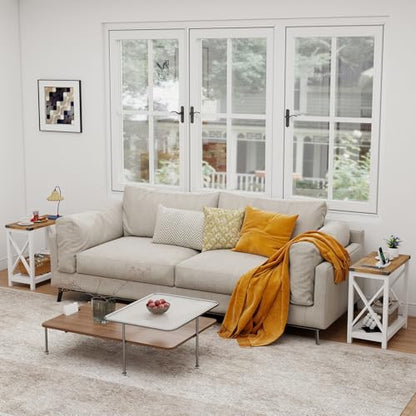 Hadulcet Farmhouse End Tables Living Room Set of 2, Narrow Side Table with Charging Station, Slim Nightstand for Small Space, Skinny Bedside Table, Sofa Side Table with Storage Shelf, White & Brown - color: White & Warm Brown