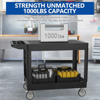 Large Garage Flat Top Utility Cart, Heavy Duty 2 Shelf Tool Cart Service Cart Rolling Push Carts with Ergonomic Handle 5" Swivel Casters - color: Black, size: 46 x 25 Inch