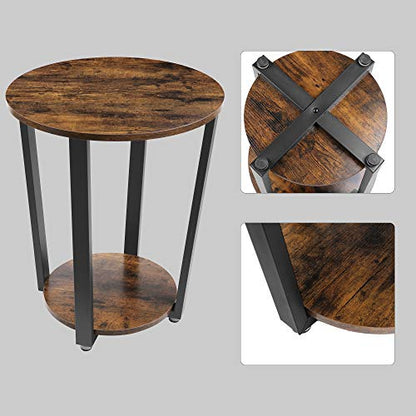 CASATOCA Round End Table, Metal Side Table, 2-Tier Industrial Sofa Table with Storage Rack, Stable and Sturdy Construction, Easy Assembly, Rustic Brown