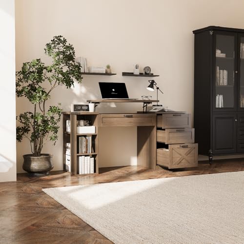 Farmhouse Lift Top Desk: Rustic Wood Standing Desk with 3 Drawers & Open Storage Shelves, Adjustable Height, White & Brown Home Office Computer Desk for Work, Study, Writing (Natural Walnut) - color: Natural Walnut