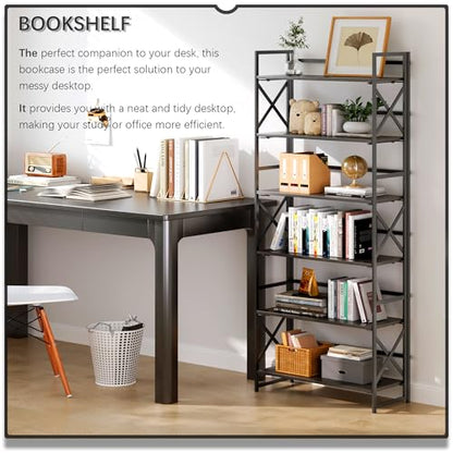 4NM 6 Tiers No Assembly Book Shelves, 61.8" H Folding Bookshelf Bookcase Open Industrial Foldable Shelves for Bedroom, Living Room, Home Office - All Black - color: All Black, size: XX 6-Tier