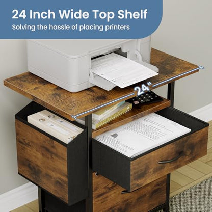 DUMOS 2 Drawer Mobile File Cabinet, Printer Stand with 24'' Wide Desktop | Fabric Drawer Cabinet Under Desk with Storage Side Bag,Rolling Printer Cart Not for Hanging Files for Home Office, Brown - color: Modern Brown