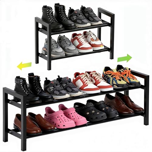 Expandable 2-Tier Metal Shoe Rack, Black Freestanding Storage Organizer | Telescopic, Adjustable, 40 lbs total load, Rust-proof metal, Quick Assembly for entryway closet Small Spaces - size: 2 Tier