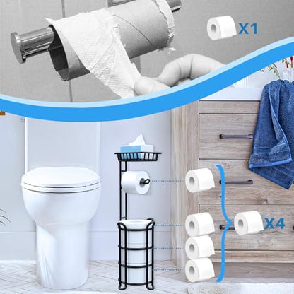 Toilet Paper Holder Stand with Shelf, Free Standing Tissue Roll Storage Rack with Dispenser for Bathroom, Black - color: Black