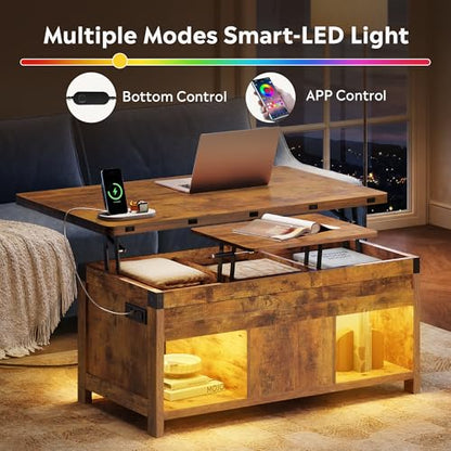 WLIVE 40" Lift Top Coffee Table, 4 in 1 Coffee Tables with Storage, 2 Fabric Drawers, LED Light and USB, Modern Coffee Table with Hidden Compartment for Living Room, Dining Room, Rustic Brown - color: Rustic Brown