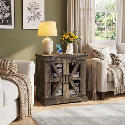 Farmhouse End Table, 24" Large End Tables with Storage, Rustic Square Sofa Beside Table with Glass Barn Door, Wood Side Table Square Nightstand for Living Room, Bedroom, Office (Antique Finish) - color: Antique Finish