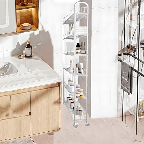 6in 6 Tier Slim Storage Cart with Wheels,Narrow Space Rolling Shelving Unit with Handle, Metal Wire Mobile Organizer Rack for Kitchen Bathroom Office Laundry - size: 6in White Cart with Handle