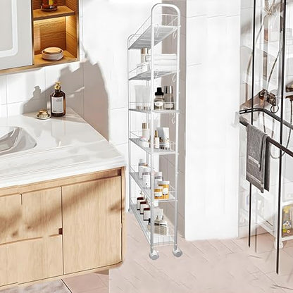 6in 6 Tier Slim Storage Cart with Wheels,Narrow Space Rolling Shelving Unit with Handle, Metal Wire Mobile Organizer Rack for Kitchen Bathroom Office Laundry - size: 6in White Cart with Handle