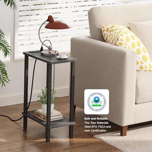TUTOTAK Narrow Side Table Set of 2, Small End Table with Charging Station | 2-Tier Skinny Sofa Table, Slim Nightstand, Easy Assembly for Living Room, Bedroom, Grey TB01BY0602 - color: Charcoal Grey, size: 2-tier