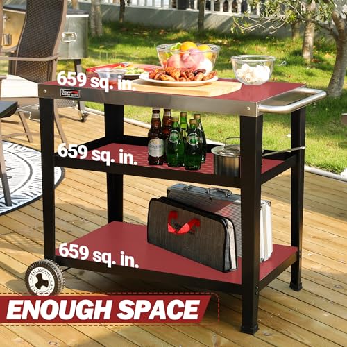 Royal Gourmet PC3404S Rolling Dining Table with Trash Bag Holder, Outdoor Garden Patio BBQ Kitchen Food Prep Table Cart, 34"L x 20"W Stainless Steel Tabletop, Silver & Black | 34"L x20"W Stainless Steel Tabletop | with Removable Trash Bag Holder | Outdoor